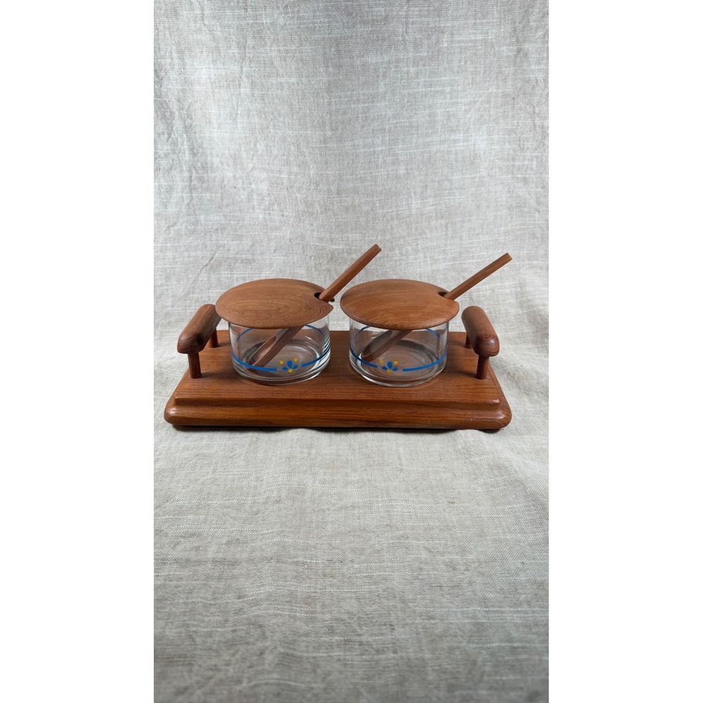 Vintage Goodwood Teak Snack Tray Set Bowls Spoons Mid Century
